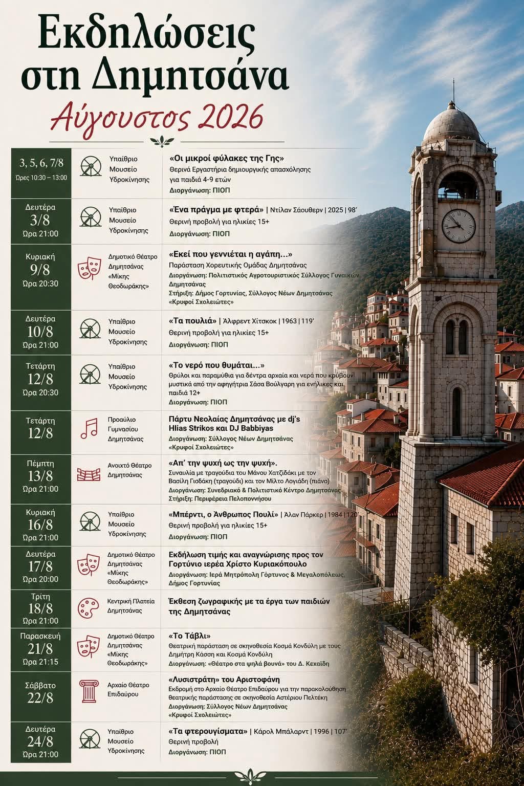 Αφίσα για το πρόγραμμα εκδηλώσεων στη Δημητσάνα τον Αύγουστο 2026